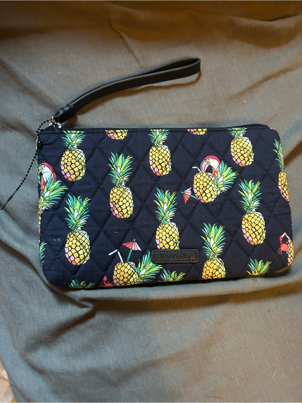 Vera Bradley Black Quilted Wristlet with Yellow Pineapple Print